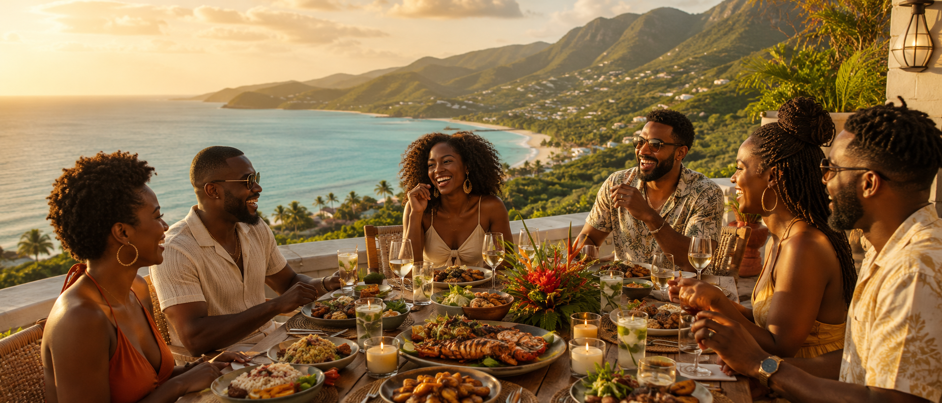 Friends enjoying a dinner gathering overlooking a tropical coastline at sunset