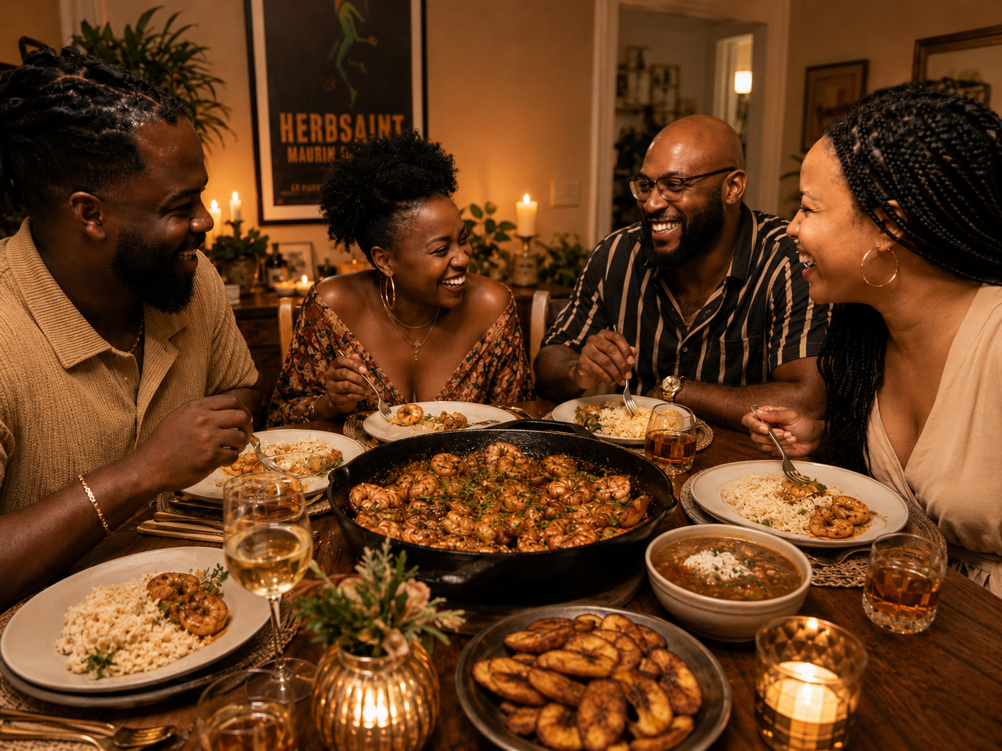 Friends sharing a warm candlelit dinner together, laughing and enjoying food